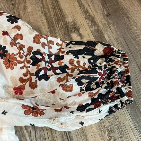 Farm Rio Flower Fan Off White Tapestry Dress Puff Sleeve Button Down Size Small - Picture 13 of 14